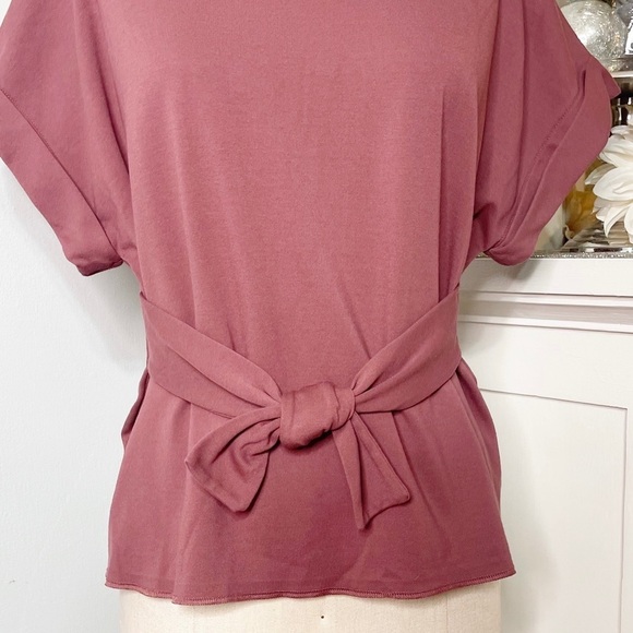 Express Tie Waist Roll Sleeve Short Sleeve Shirt Pink Small - Picture 4 of 9